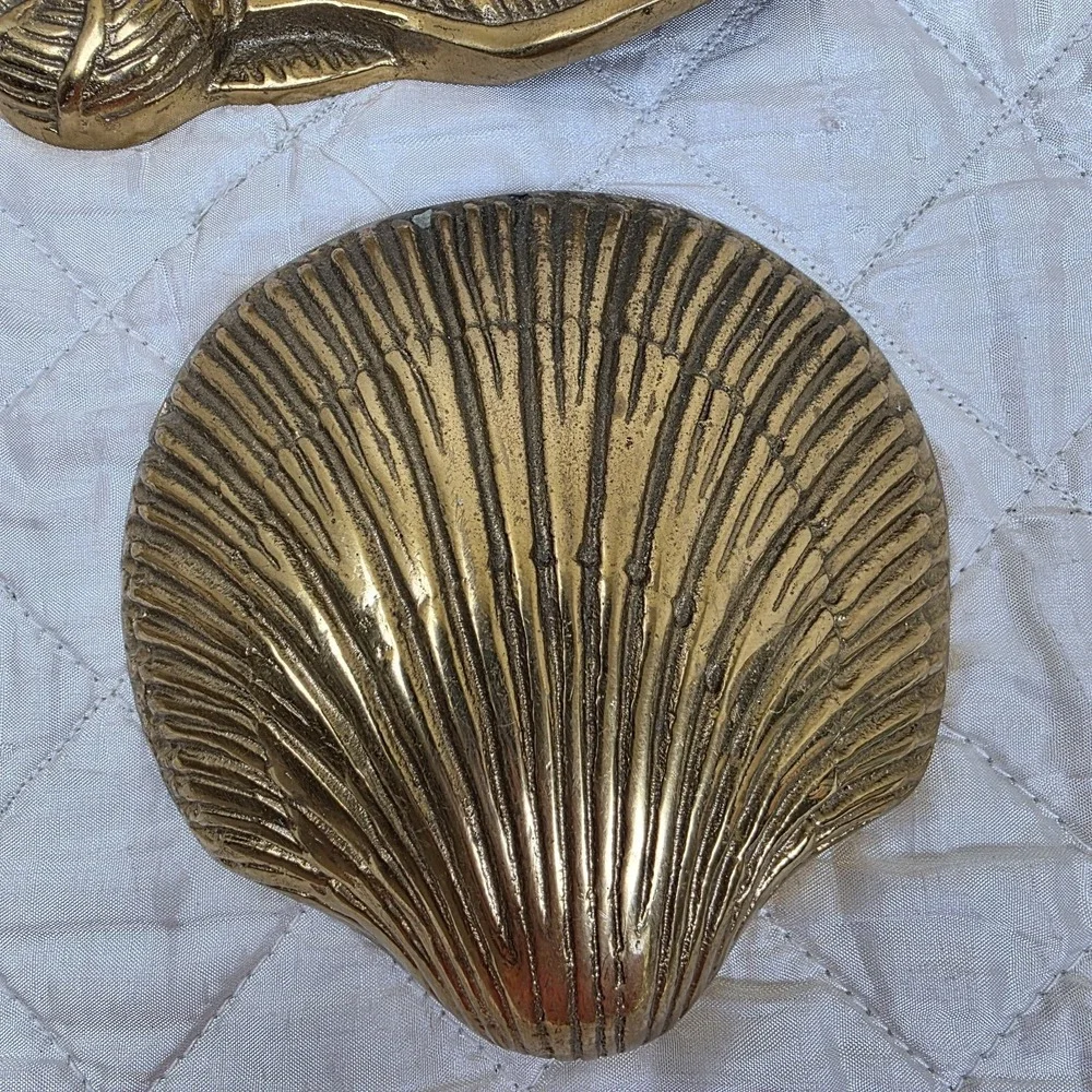 Vintage MCM Solid Brass Sea Shells Starfish Wall Hanging Decor Set of 4 Art Deco